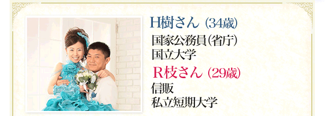 Ｈ樹さん（34歳）国家公務員（省庁）国立大学 Ｒ枝さん（29歳） 信販 私立短期大学